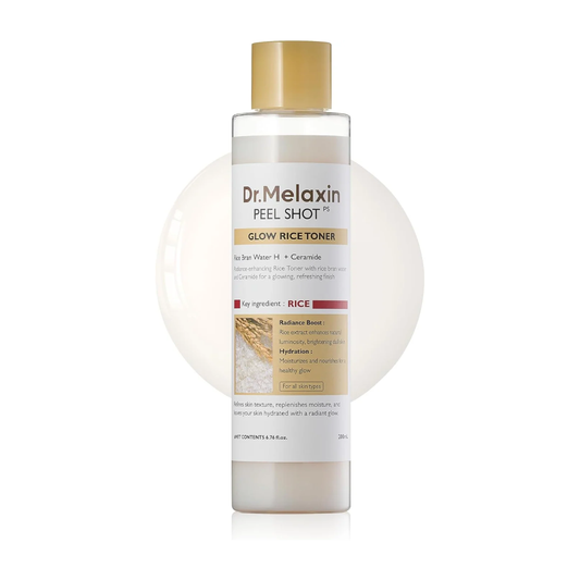 A bottle of Dr. Melaxin Peel Shot Glow Rice Toner with a gold cap and white label, set against a white background with a soft beige circular graphic behind it.